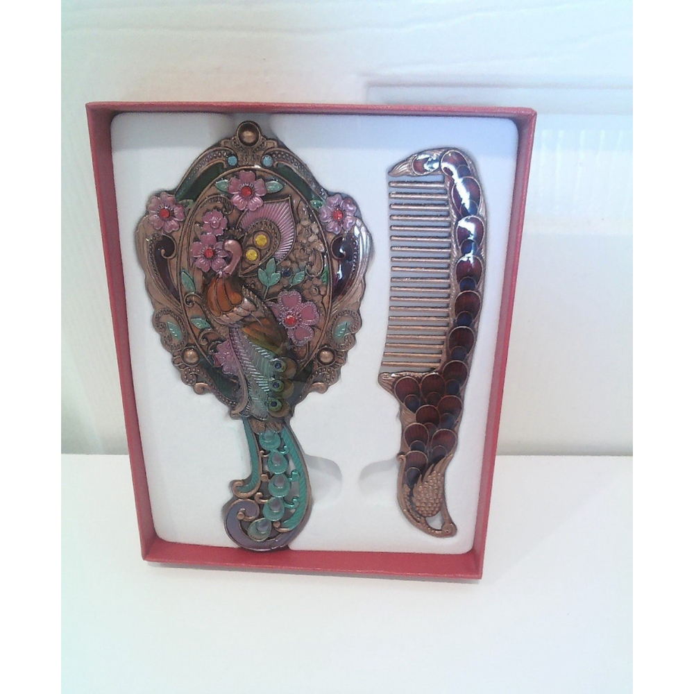 Vintage Peacock Shaped Mirror And Hair Brush Set Style B